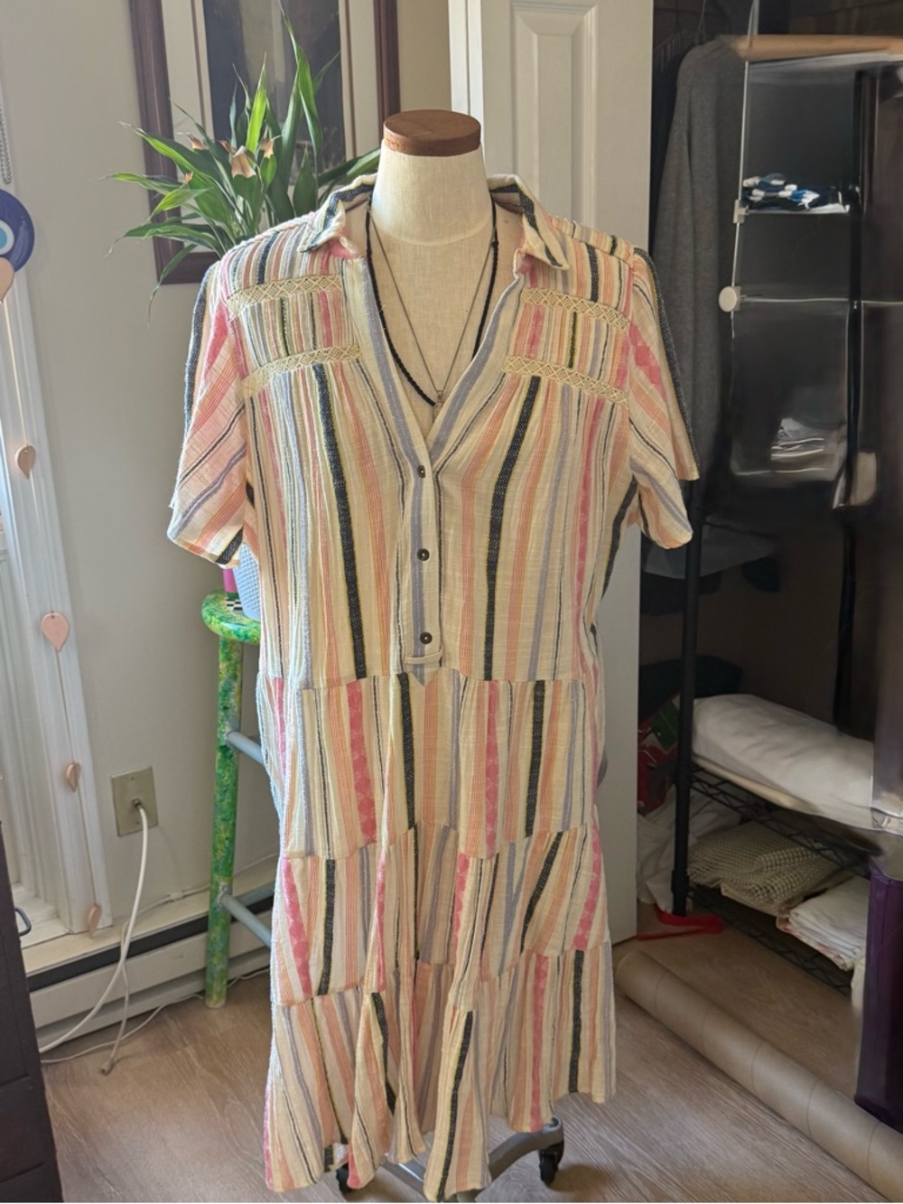 Maeve Striped Tiered Shirt Dress in Pink, Blue, Green